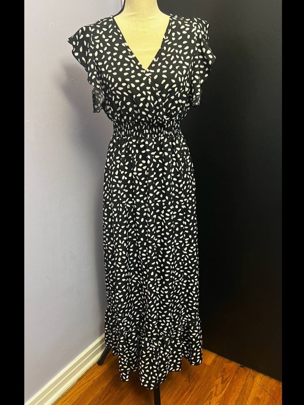 Boutique Black & White Polka Dot Maxi Dress with Smocked Waist